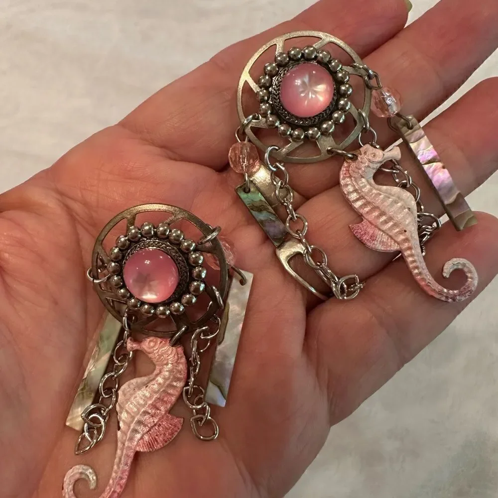 Earrings Pierced Post Seahorses Silver Jewels Dangles Pink